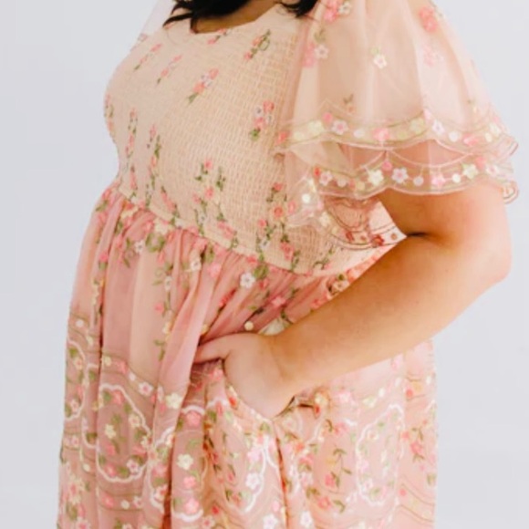 Noliabae Peach Pink & Yellow Embroidered Floral Smocked Tulle Dress. - Picture 12 of 13